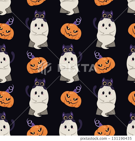 Cute Ghost with Black Cat and Pumpkin Seamless Pattern. Halloween Repeat Background for Textile, Gift Wrap, Party Decor, Scrapbooking and Festive Design 131190435