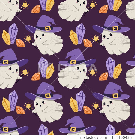 Cute Ghost in Witch Hat with Magic Wand and Crystals Seamless Pattern. Halloween Mystical Background for Textile, Party Decor, Scrapbooking, Gift Wrap and Fantasy Design Cute Ghost in Witch Hat with Magic Wand and Crystals Seamless Pattern. Halloween Mystical Background for Textile, Party Decor, Scrapbooking, Gift Wrap and Fantasy Design 131190436