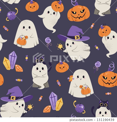 Cute Ghosts with Pumpkins, Black Cat, Candy and Witch Hats Seamless Pattern. Halloween Festive Background for Textile, Party Decor, Gift Wrap, Scrapbooking and Holiday Design 131190439