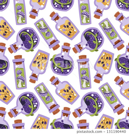 Magical Potion Bottles Seamless Pattern with Elixirs, Spell Jars and Mystic Ingredients. Occult Halloween Background for Gift Wrap, Textile, Wallpaper Design and Magic Branding Magical Potion Bottles Seamless Pattern with Elixirs, Spell Jars and Mystic Ingredients. Occult Halloween Background for Gift Wrap, Textile, Wallpaper Design and Magic Branding 131190440