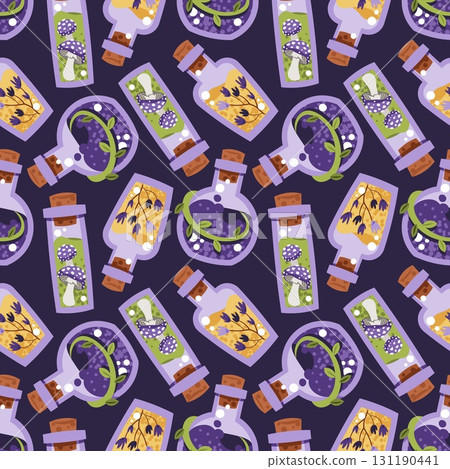 Magical Potion Bottles Seamless Pattern with Elixirs, Spell Jars and Mystic Ingredients. Occult Halloween Background for Gift Wrap, Textile, Wallpaper Design and Magic Branding 131190441