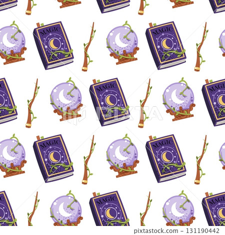 Mystic Witchcraft Seamless Pattern with Crystal Ball, Spellbook and Magic Wand. Enchanted Background for Occult Gift Wrap, Halloween Textile, Magic Wallpaper and Wizardry Design Mystic Witchcraft Seamless Pattern with Crystal Ball, Spellbook and Magic Wand. Enchanted Background for Occult Gift Wrap, Halloween Textile, Magic Wallpaper and Wizardry Design 131190442