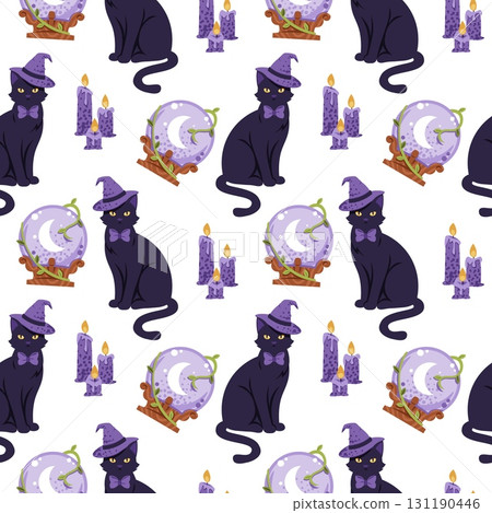 Mystic Witchcraft Seamless Pattern with Black Cat, Crystal Ball and Candles. Divination Background for Occult Gift Wrap, Halloween Textile, Dark Wallpaper and Magic Theme Design 131190446