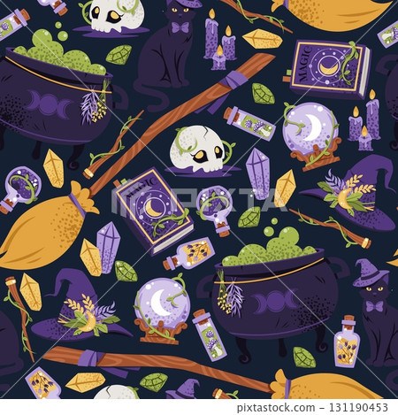 Witchcraft Magic Items Seamless Pattern with Cauldron, Hat, Broom, Black Cat. Occult Halloween Background for Gift Wrap, Textile, Wallpaper Design and Mystic Branding. Witchcraft Magic Items Seamless Pattern with Cauldron, Hat, Broom, Black Cat. Occult Halloween Background for Gift Wrap, Textile, Wallpaper Design and Mystic Branding. 131190453
