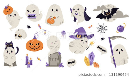 Playful Halloween Ghosts Vector Set in flat design. Spooky Characters with Vampire Cape, Witch Hat, Candy Bag, Bat, Tombstone, Black Cat and Scythe. Perfect for Stickers, Poster, Halloween Party Decor Playful Halloween Ghosts Vector Set in flat design. Spooky Characters with Vampire Cape, Witch Hat, Candy Bag, Bat, Tombstone, Black Cat and Scythe. Perfect for Stickers, Poster, Halloween Party Decor 131190454