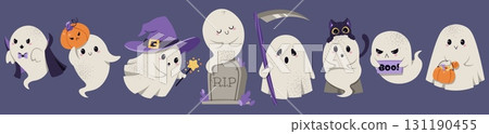 Cute Halloween Ghosts Collection Flat Vector Set. Spooky Characters with Vampire Cape, Witch Hat, Candy Bag, Tombstone, Black Cat and Scythe. Perfect for Stickers, Posters, Halloween Party Decor 131190455