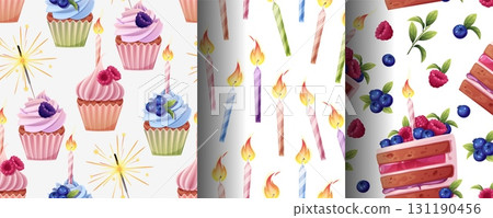 Birthday Cupcakes, Candles and Blueberry Raspberry Cake Seamless Pattern Set. Festive Gift Wrap Collection for Party Decor, Textile Design, Scrapbooking and Celebration Packaging Birthday Cupcakes, Candles and Blueberry Raspberry Cake Seamless Pattern Set. Festive Gift Wrap Collection for Party Decor, Textile Design, Scrapbooking and Celebration Packaging 131190456