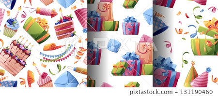 Festive Birthday Pattern Set with Cake, Gifts, Fireworks and Confetti. Party Gift Wrap Collection for Celebration Packaging, Scrapbooking and Decoration Festive Birthday Pattern Set with Cake, Gifts, Fireworks and Confetti. Party Gift Wrap Collection for Celebration Packaging, Scrapbooking and Decoration 131190460