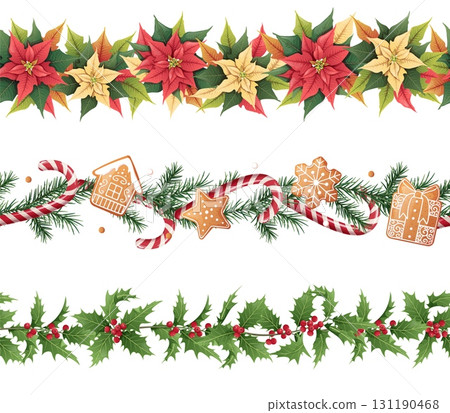 Festive Christmas Seamless Border Set with Red Poinsettia, Holly, Fir Branches, Candy Cane and Gingerbread Cookies. Holiday Frame Collection for Gift Wrap, Textile Design, Scrapbooking and Season 131190468