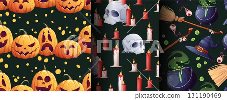 Spooky Halloween Seamless Pattern Set with Pumpkin, Candle, Skull, Witch Hat, Cauldron and Broom. Magical Witchcraft Backgrounds for Holiday Decor, Textile Design and Party Supplies Spooky Halloween Seamless Pattern Set with Pumpkin, Candle, Skull, Witch Hat, Cauldron and Broom. Magical Witchcraft Backgrounds for Holiday Decor, Textile Design and Party Supplies 131190469