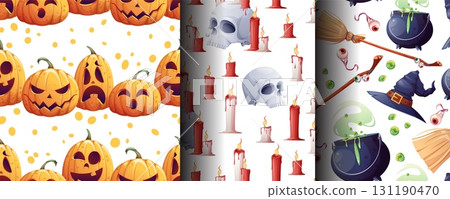 Spooky Halloween Seamless Pattern Set with Pumpkin, Candle, Skull, Witch Hat, Cauldron and Broom. Magical Witchcraft Backgrounds for Holiday Decor, Textile Design and Party Supplies Spooky Halloween Seamless Pattern Set with Pumpkin, Candle, Skull, Witch Hat, Cauldron and Broom. Magical Witchcraft Backgrounds for Holiday Decor, Textile Design and Party Supplies 131190470