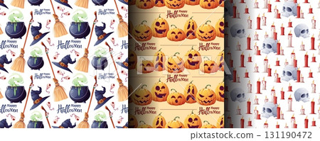 Magic Halloween Seamless Pattern Set with Pumpkin, Skull, Witch Hat, Cauldron, Broom and Candles. Spooky Witchcraft Backgrounds for Holiday Textile, Party Decor and Festive Design Projects 131190472