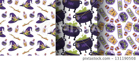 Mystic Halloween Seamless Pattern Set with Witchcraft Elements. Cauldron, Potions, Witch Hat and Magic Accessories. Flat Design Occult Backgrounds for Textile, Gift Wrap, Party Decor. 131190508