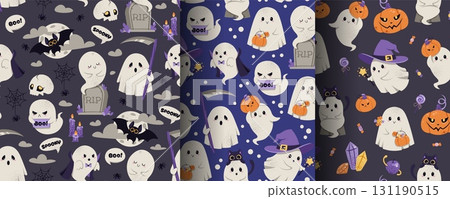 Spooky Cute Halloween Seamless Pattern Set with Ghosts, Pumpkins, Sweets, Witch Hats, Bats and Tombstones. Flat Design Background for Textile, Gift Wrap, Party Decor and Festive Design Spooky Cute Halloween Seamless Pattern Set with Ghosts, Pumpkins, Sweets, Witch Hats, Bats and Tombstones. Flat Design Background for Textile, Gift Wrap, Party Decor and Festive Design 131190515