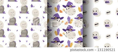 Spooky Halloween Seamless Pattern Set with Cute Ghosts in Witch Hats, Tombstones and Frightful Elements. Flat Design Background for Textile, Gift Wrap, Party Decor and Festive Design 131190521