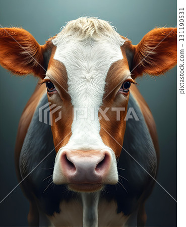 Close-up portrait of a brown and white cow looking directly at the camera on neutral background 131190531