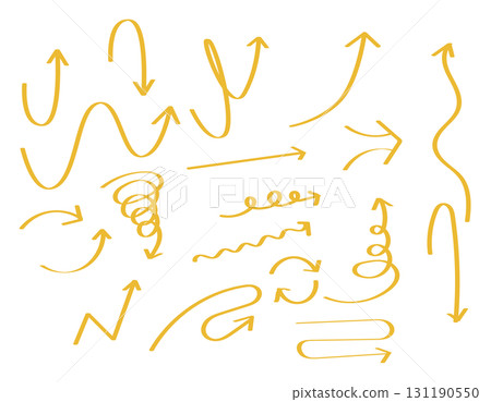 A set of simple arrow illustrations - thick lines, yellow A set of simple arrow illustrations - thick lines, yellow 131190550