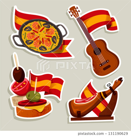 Flat Hand Drawn Design Sticker Collection of Traditional Spanish Food 131190629