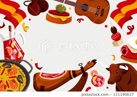 Flat Hand Drawn Spanish Gastronomy and Festive Culture Background 131190637