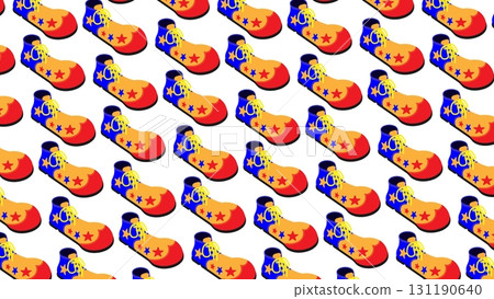 Isometric orderly rows of marching clown boots. 3D vector background top view at an angle 131190640