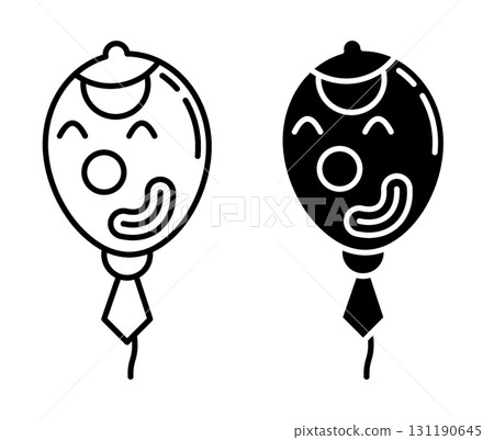 Linear icon. Flying hot air balloon decorated to look like a circus clown with a tie and cap. Simple black and white vector isolated on white background Linear icon. Flying hot air balloon decorated to look like a circus clown with a tie and cap. Simple black and white vector isolated on white background 131190645