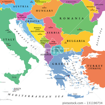 The Balkans and the Balkan Peninsula, multi colored political map, with country borders and capitals. Geographical area in southeastern Europe, bordered by the Adriatic, Ionian, Aegean, and Black Sea. 131190734