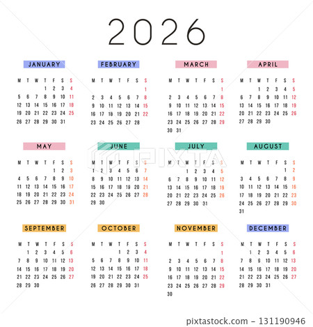 2026 yearly calendar in modern square layout with colorful month headers. Minimal typography, clean design, printable full year planner template for office, school, personal organization. Vector. 131190946
