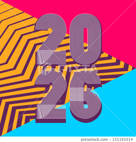 Retro cover background with vertical 2026 number on colorful geometric zigzag striped lines background. Graphic design vector illustration for Happy New Year Christmas Banner Greeting Card Invitation Retro cover background with vertical 2026 number on colorful geometric zigzag striped lines background. Graphic design vector illustration for Happy New Year Christmas Banner Greeting Card Invitation 131191014