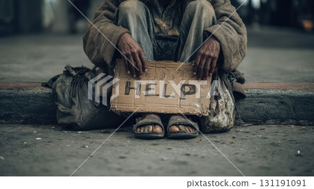 A man holds up a cardboard sign that says 'help' as he sits on a city street, representing homelessness A man holds up a cardboard sign that says 'help' as he sits on a city street, representing homelessness 131191091