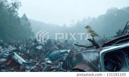 A small bird perches on a twisted piece of metal in a post-apocalyptic car scrapyard, its vibrant life a stark contrast to the vast, desolate landscape of human waste 131191105