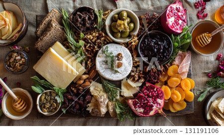 A vibrant, overhead flat lay of a delicious charcuterie board, filled with an assortment of gourmet cheeses, fruits, nuts, and jams, perfect for a cozy gathering or party 131191106