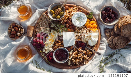Gourmet cheese and charcuterie board with artisanal selections, nuts, fruits, honey, crackers arranged on wooden platter for elegant entertaining and food photography 131191107