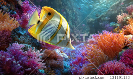 Colorful butterflyfish swimming among vibrant coral reef with sea anemones in tropical underwater marine ecosystem displaying rainbow colors and biodiversity 131191123