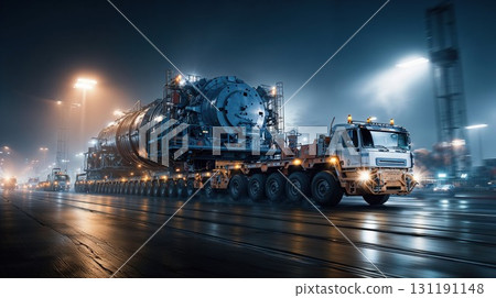 A wide-angle, low-view shot of a huge industrial semi truck transporting a massive oversized load at night, surrounded by moody lighting and a rainy, wet surface 131191148