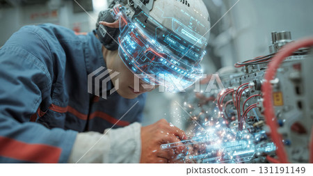 A worker wearing an augmented reality headset repairs machinery, with glowing holographic data and a digital interface floating around his head and hands 131191149