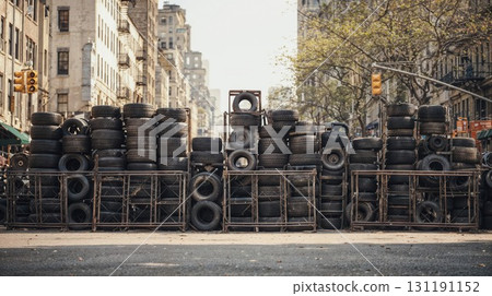 A barricade of stacked car tires and metal racks blocks a city street with buildings in the background 131191152