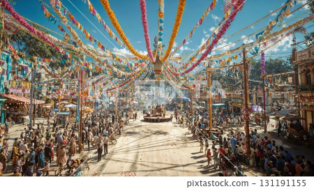 A bustling street in India is decorated with vibrant flags and banners for a traditional festival, with crowds of people celebrating 131191155