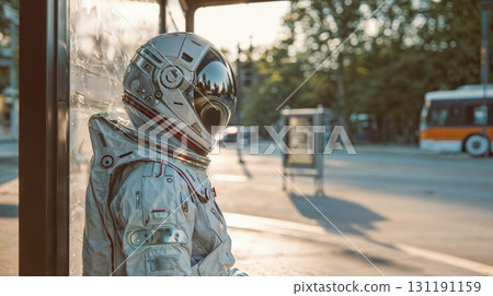 An astronaut in a futuristic suit sits at a modern bus stop on a sunny day, waiting for the bus to arrive 131191159