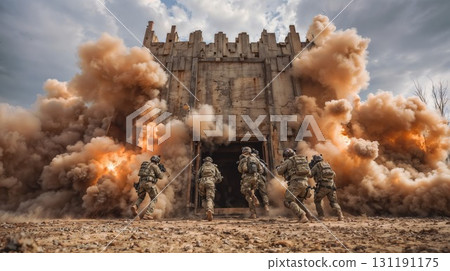 A group of armed military soldiers rushes into a building entrance as a large explosion fills the air with smoke and debris A group of armed military soldiers rushes into a building entrance as a large explosion fills the air with smoke and debris 131191175