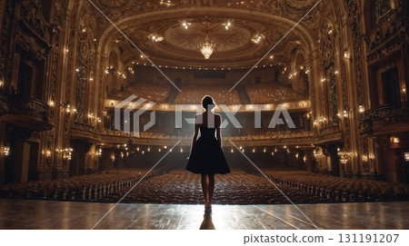 A single woman in a black dress stands on a stage, facing an empty, grand theater, bathed in a dramatic spotlight A single woman in a black dress stands on a stage, facing an empty, grand theater, bathed in a dramatic spotlight 131191207