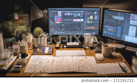 A cluttered and messy desk is filled with a computer, monitors displaying data, notebooks, and various creative tools, reflecting a busy workflow 131191212