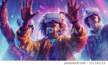 A group of people wearing virtual reality headsets reach out their hands, immersed in a vibrant and futuristic digital world with glowing lights 131191215