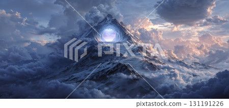 A breathtaking view of a majestic snowy mountain peak with a luminous portal or cave entrance at the summit, surrounded by dramatic clouds 131191226