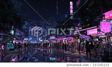 A vibrant night scene of a bustling, futuristic city street with colorful neon signs and a diverse crowd, capturing the essence of cyberpunk nightlife 131191232