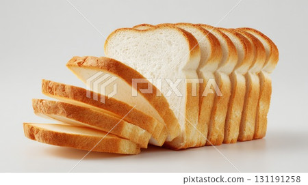 A fresh loaf of white sliced bread with a soft texture, fanned out on a white background A fresh loaf of white sliced bread with a soft texture, fanned out on a white background 131191258