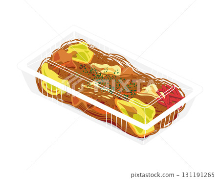 Illustration of fried noodles in a food pack Illustration of fried noodles in a food pack 131191265