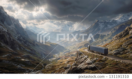 A semi-truck drives on a winding road through a... - Stock Illustration ...