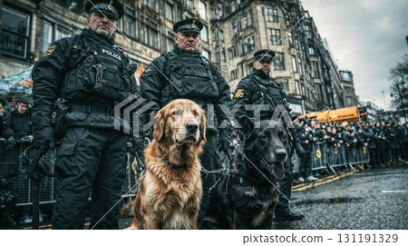 Police officers with K9 unit dogs stand guard at an outdoor public event, with a crowd of people and buildings in the background on a gloomy day 131191329