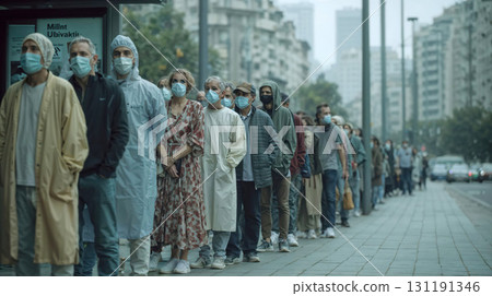 A line of people, many wearing masks and some in medical gowns, wait patiently on a city street. A compelling image reflecting themes of public health and healthcare access 131191346