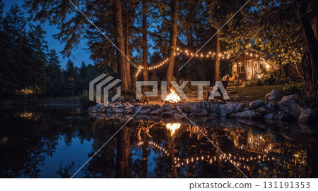 A cozy, magical scene with a fire pit beside a lake and a rustic cabin in the woods. String lights hang over the trees A cozy, magical scene with a fire pit beside a lake and a rustic cabin in the woods. String lights hang over the trees 131191353